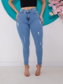 WOMEN'S JEANS Skinny High Waist Butt Lifting - 淺色水洗藍 - 查看 1