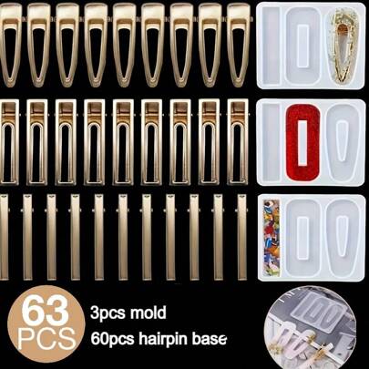 63 Cái/bộ Khuôn Nhựa Pha Lê DIY Cho Kẹp Tóc, 3 Khuôn Nhựa, 60 Đế Kẹp Tóc - Kẹp Tóc Hình Giọt Nước Thủ Công, Khuôn Silicon Có Thể Tái Sử Dụng Cho Đồ Thủ Công Bằng Nhựa, Quà Tặng Sáng Tạo Cho Bản Thân, Gia Đình Và Bạn Bè