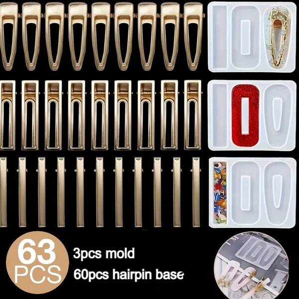 63pcs/Set DIY Crystal Resin Mold For Hair Clips, 3pcs Resin Molds, 60pcs Hair Clip Bases - Handmade Water Drop Hair Clips, Reusable Silicone Mold For Resin Crafts, Creative Gifts For Yourself, Family And Friends