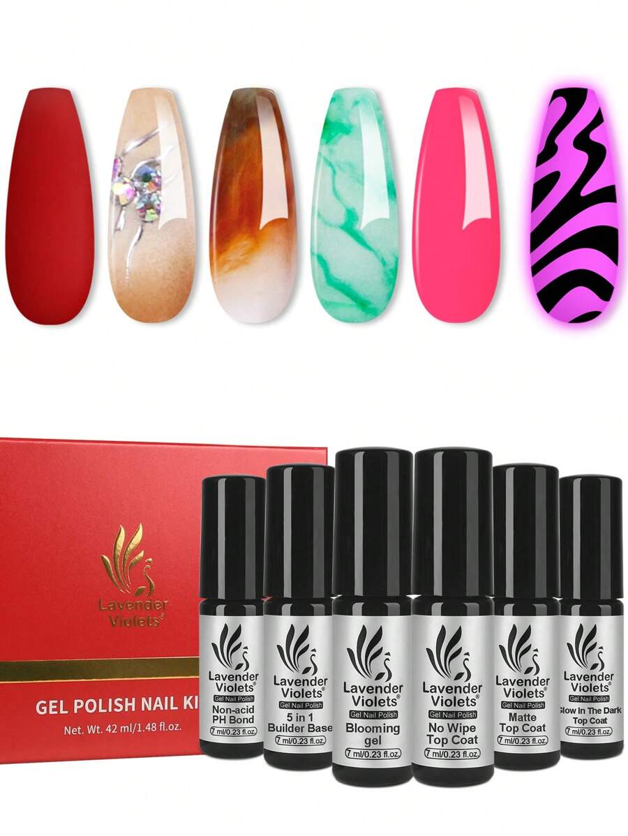 Lavender Violets Gel-Nagellack-Set 6 Pcs UV-Nagellack LED Soak-Off mit Non-acid PH Bond,5 in 1 Builder Base,Nail Blooming Gel,Glow In The Dark,Glossy & Matte Top Coat Builder Gel C201