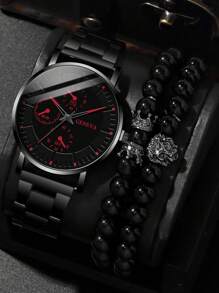 3pcs/Set Fashionable Multi-Purpose Men's Steel Band Quartz Watch With Lion Crown Bead Bracelet Set, Suitable For Business, Party And Daily Wear, Best Gift For Men - Black - View 1