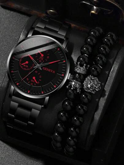 3pcs Fashionable And Versatile Men's Steel Strap Quartz Watch, Paired With Lion Crown Bead Bracelet Set, Suitable For Business, Parties, And Daily Wear, The Best Gift For Men.