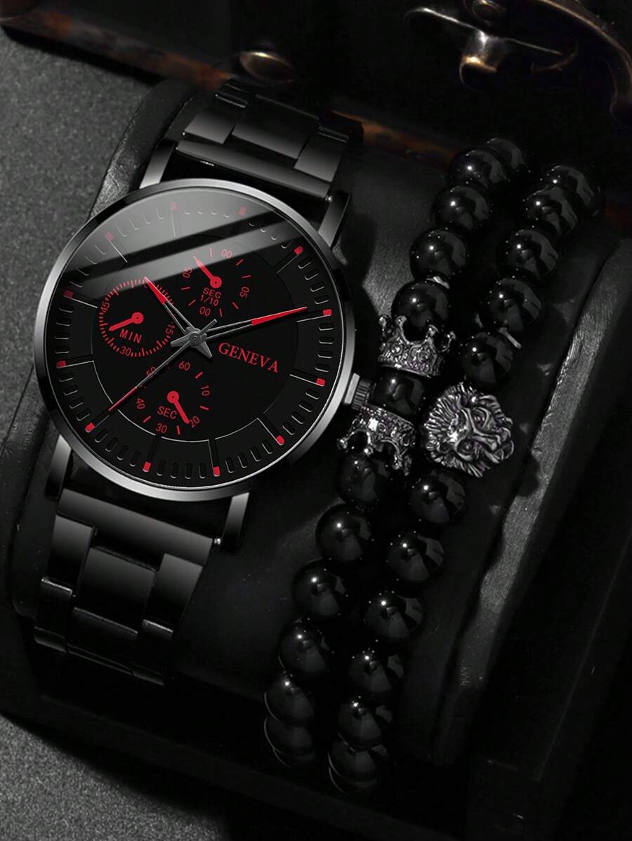 3pcs/Set Fashionable Multi-Purpose Men's Steel Band Quartz Watch With Lion Crown Bead Bracelet Set, Suitable For Business, Party And Daily Wear, Best Gift For Men - Black - View 1
