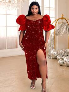 Đầm Plus Size Dây kéo Tách cao màu trơn Buổi tiệc - Màu Đỏ Sâu - Xem 6