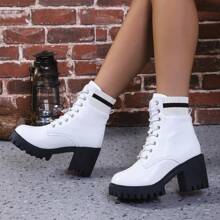 Fall/Winter Women's White Fashionable Comfortable Casual Lace-Up Chunky Heel Ankle Boots And Booties,Boots For Women