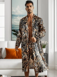 QING ROU Men's 2-Piece Tiger Print Robe Set, Luxury Ice Silk Pajamas, Loungewear For Men, Soft Bathrobe And Shorts, Gift For Him - 彩色 - 查看 5