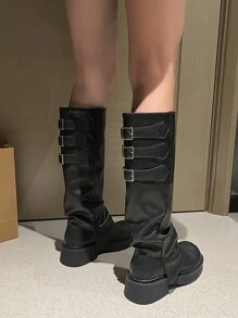 女士厚底叠跟靴，2024 年新款春秋细腿靴，棕色高筒马靴，西式女牛仔靴 - 黑色 - 查看 3