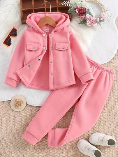 Girls' Pink Hooded Jacket Set, Girls Winter Clothes, Casual And Comfortable Button-Down Jacket, Suitable For Young Girl Winter Clothes Girls