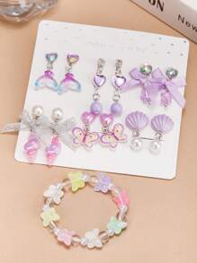 13PCS Girls Color Clip-On Earring Bracelet Accessory Set, Cute Cartoon Butterfly Mermaid Shell Pretend Princess Jewelry No Earring Earring Game Earring Earring Earring Pad, Suitable For Birthday Party Gifts And Daily Use