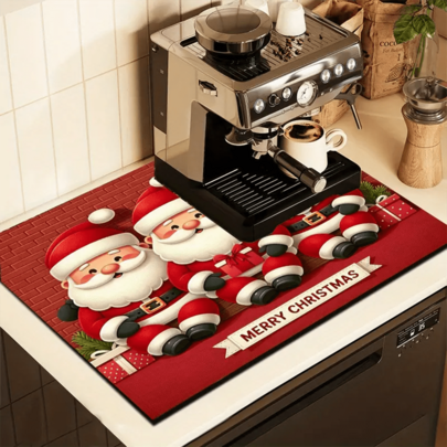 1pc Christmas Santa Dish Drying Mat, Polyester Non-Slip Absorbent Multipurpose Kitchen Counter Pad, Suitable For Coffee Maker, Washing Machine, Water Dispenser, Nightstand