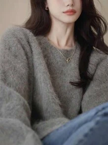 女士休闲针织套头衫，2025 年秋冬新品系列 - 灰色 - 查看 2