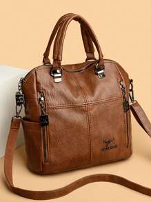 大容量软皮女士单肩斜挎包时尚女士手提包多功能软皮背包 - 棕色 - 查看 3