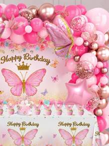 94 件/套粉色蝴蝶生日气球背景布套装，气球套装非常适合生日派对墙壁背景，装饰气球拱门套件，生日礼物派对礼物，女士生日装饰生日气球，包括 78 件粉色蝴蝶五彩纸屑气球和 1 件蝴蝶生日背景横幅和 1 件蝴蝶桌布桌布和 2 件气球配件和 12 件蝴蝶装饰配件 - 粉紅色蝴蝶 - 查看 4