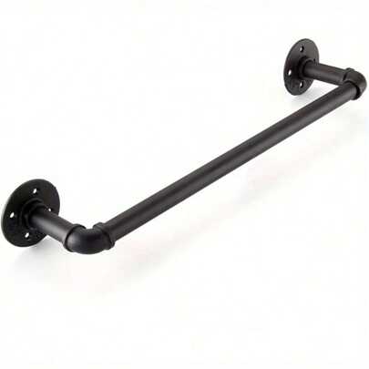 60cm X 12cm Iron Pipe Towel Bar Industrial Pipe Towel Rail Wall Mounted Clothes Bar Rack Detachable Hanging Garment Rack Hand Towel Holder (Black)