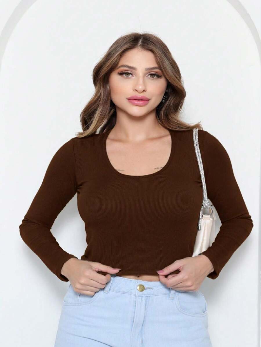 Adriana Women's Blouse Ribana Knit Foreign Fashion 2024 - 鏽棕色 - 查看 1