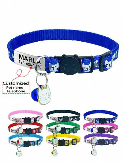 Customized Cat Fish Cartoon Pattern Pet Collar, Adjustable Anti-Choke Secure Buckle, With Bell And Personalized Cat Tag, Can Engrave Pet Name, Contact Information, Address, Etc. Suitable For Medium And Small-Sized Cats Or Dogs Ornamental Stylish,Fashion,Colorful,Vintage,Cute,Contracted,Cuties Custom,Unique,Customized,Personalized Pet For Anniversaries,For Birthdays