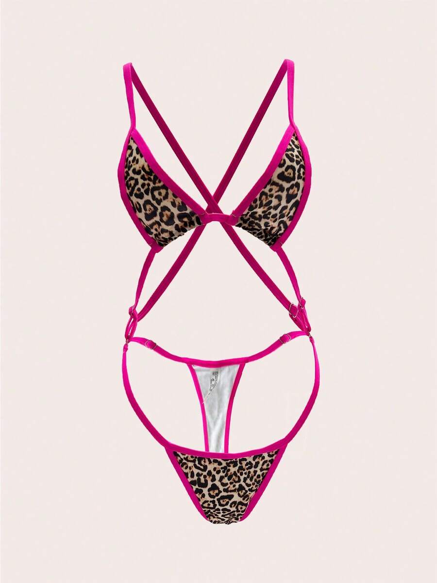 Sexy Leopard Print Lingerie Set, Three-Piece Design, Women's Sexy Lingerie Set, Carnival - Hot Pink - View 1