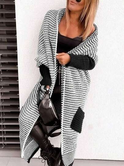 Autumn-Winter New Black-White Contrast Color Women Casual Fashion Mid-Length Knitted Cardigan