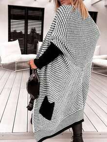 秋冬新款黑白撞色女式休闲时尚中长款针织开衫 - 黑白 - 查看 2