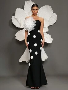 白色纯色露肩美人鱼连衣裙，性感抹胸紧身晚礼服，合身礼服 - 黑色 - 查看 1