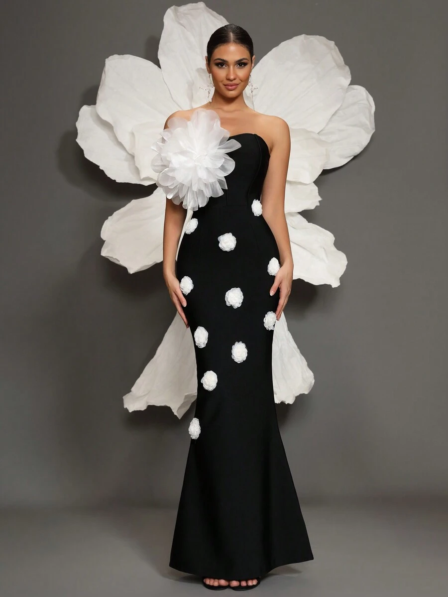 白色纯色露肩美人鱼连衣裙，性感抹胸紧身晚礼服，合身礼服 - 黑色 - 查看 1