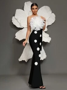 白色纯色露肩美人鱼连衣裙，性感抹胸紧身晚礼服，合身礼服 - 黑色 - 查看 5