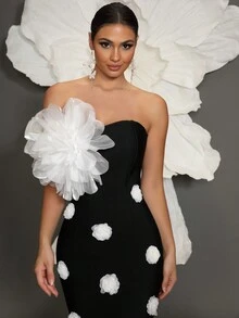 白色纯色露肩美人鱼连衣裙，性感抹胸紧身晚礼服，合身礼服 - 黑色 - 查看 6