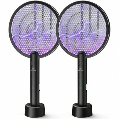 Electric Fly Swatter 4000V Bug Zapper Racket 2 In 1 Fly Swatter With 1200mAh Battery Rechargeable Mosquito Killer Lamp With 3 Layers Safety Mesh For Indoor And Outdoor (Black 2 Pack)