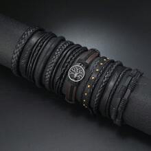 Bộ 10 chiếc/Bộ vòng tay bện nhiều lớp, Vòng tay da PU hình cây hòa bình màu đen, Phụ kiện cổ điển dành cho cả nam và nữ - màu đen - Xem 6