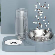 1pc Detachable & Washable Tilted Anti-Spill Anti-Wet Pet Bowl With Bear Ear Design, Large Capacity Dual Bowl With Automatic Water Dispenser, Stainless Steel