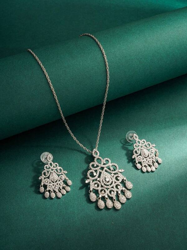 2pcs White Zirconia Waterdrop Shaped Jewelry Set: Necklace And Earrings, Bridal Wedding Dress Accessories, Middle Eastern Dubai Style, Valentine's Day Gift