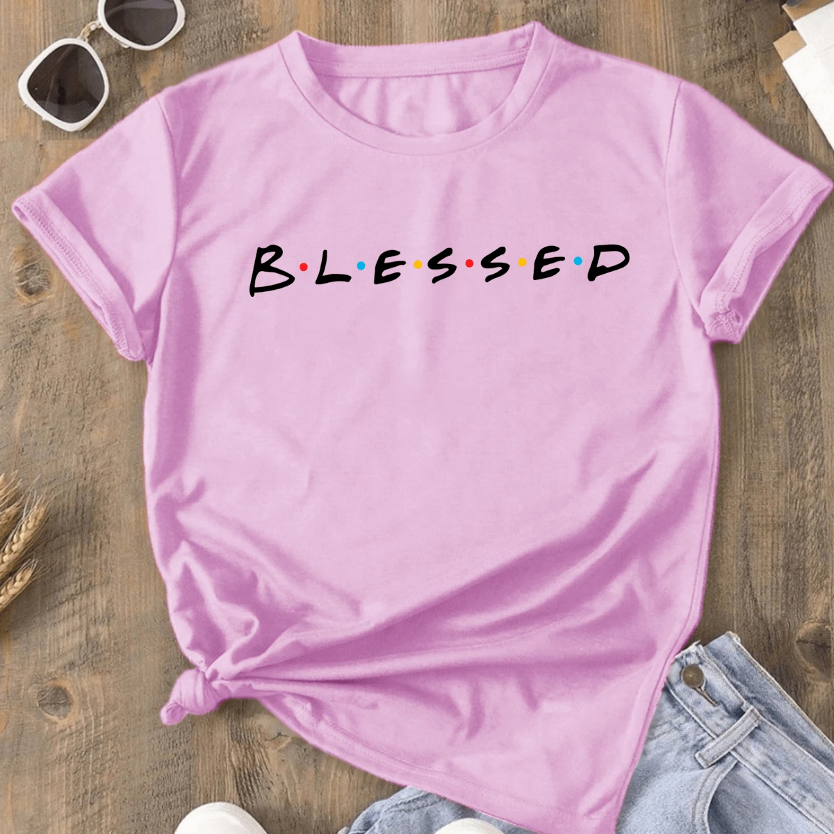 Women's Printed T-Shirt - 淺粉色 - 查看 1
