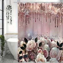 Conjunto de cortina de ducha de 1 pieza con rosas rosas brillantes - Decoración elegante e impermeable para el baño con 12 ganchos de deslizamiento fácil - Multicolor - Ver 2