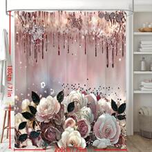 Conjunto de cortina de ducha de 1 pieza con rosas rosas brillantes - Decoración elegante e impermeable para el baño con 12 ganchos de deslizamiento fácil - Multicolor - Ver 4