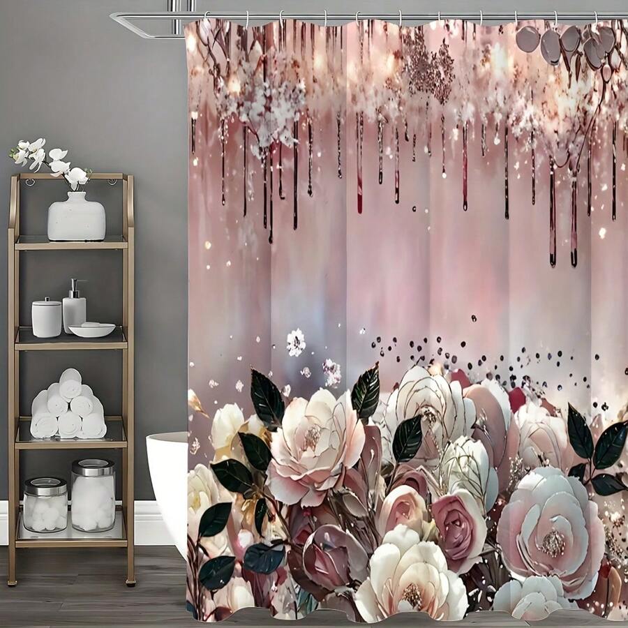Conjunto de cortina de ducha de 1 pieza con rosas rosas brillantes - Decoración elegante e impermeable para el baño con 12 ganchos de deslizamiento fácil - Multicolor - Ver 1