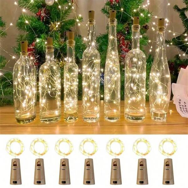 3/7/10 pièces Guirlandes lumineuses de 20 LED avec bouchon pour bouteille de vin, fil argenté de 6,6 pi, guirlandes lumineuses de fée à piles pour bouteilles d'alcool, artisanat, fête, bar, Noël, mariage, décoration