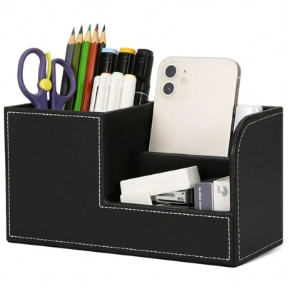 PU Leather Multifunctional Office Desk Storage Box - Holds Pens/Pencils, Phone, Business Cards, Remote Control, Black