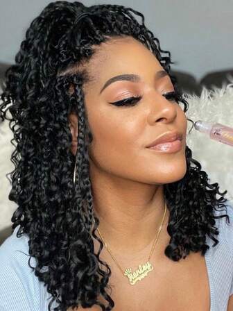 A ANYTIME Full Lace Front Square Knotless Box Braided Wigs With Curly Ends For Women's Black Synthetic Full Double Lace Frontal Cornrow Braid Wig With Baby Hairs For Women