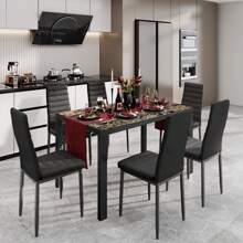 Asofer [2 Packages Shipping]Modern Dining Table Set Of 6,7-Piece Glass Dining Table Set, With PU Leather Chairs,  Kitchen Dining Table And Dining Chairs For Home, Kitchen, Living Room - Đá cẩm thạch - Xem 2