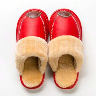 Premium Luxury Faux Leather Fur-Trimmed Slip-On Slippers For Women, Oversized For Winter