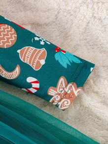 年轻女孩圣诞褶边雪人与雪花印花网眼撞色连衣裙（配腰带） - 綠色 - 查看 6