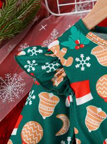 年轻女孩圣诞褶边雪人与雪花印花网眼撞色连衣裙（配腰带） - 綠色 - 查看 4