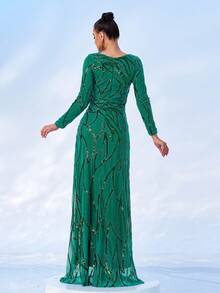 Damen Pailletten Langarm Abendkleid, elegantes formelles Ballkleid für Hochzeitsgäste, Abschlussball, Dinner - Grün - Übersicht 6