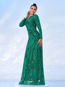 Damen Pailletten Langarm Abendkleid, elegantes formelles Ballkleid für Hochzeitsgäste, Abschlussball, Dinner - Grün - Übersicht 3
