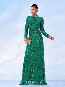 Damen Pailletten Langarm Abendkleid, elegantes formelles Ballkleid für Hochzeitsgäste, Abschlussball, Dinner - Grün - Übersicht 5