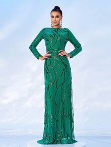 Damen Pailletten Langarm Abendkleid, elegantes formelles Ballkleid für Hochzeitsgäste, Abschlussball, Dinner - Grün - Übersicht 1