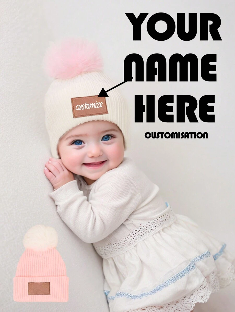 个性化婴儿帽，绒球帽，婴儿帽定制名字新生儿学步帽女婴帽子返校冬季礼物创意男孩女孩情人节 - 彩色 - 查看 1