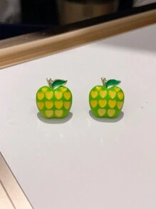 1 对黄色和绿色对比心形苹果形彩色耳环，适合日常女士首饰 - 蘋果 - 查看 10