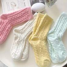 5 đôi tất họa tiết xoắn màu pastel, tất dài đến bắp chân bằng vải nhung phong cách đại học dễ thương cho mùa thu và đông, tất nữ - Nhiều màu - Xem 3