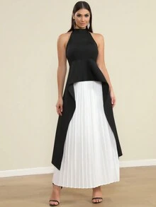 LOVE Aing 女士褶皱不对称两件套性感明星派对优雅绷带套装 - 黑與白 - 查看 4